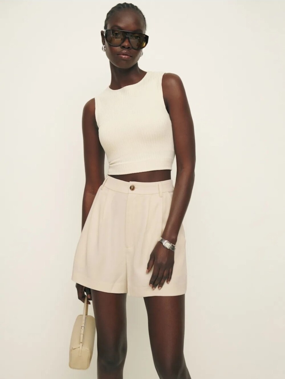 Reformation Mason High Rise Pleated Shorts Ivory Relaxed Fit w/ Pockets Size 18